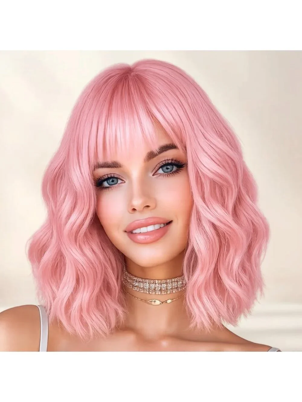 Women's Pink 14 Inch Heat Resistant Short Wavy Hair Pastel Bob Wig Bangs